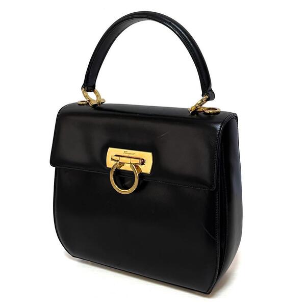 Salvatore Ferragamo フェラガモ ガンチーニ ハンドバッグ レザー ブラック ゴールド AK-4192