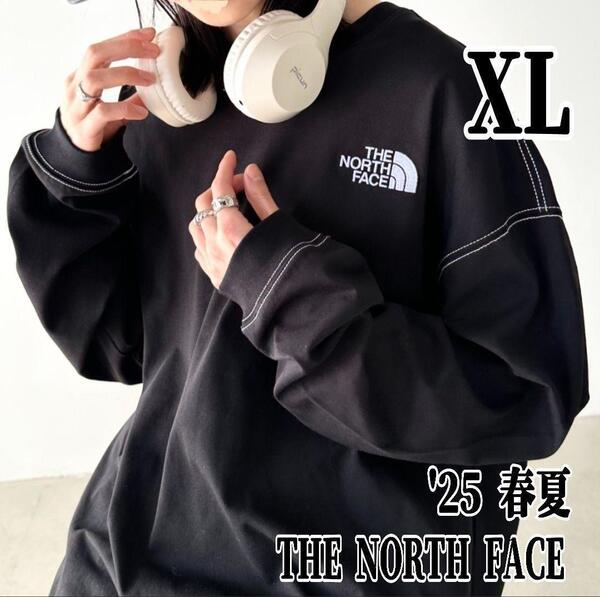 新品 25年春夏 ノースフェイス XL 男女兼用 長袖Tシャツ ロゴ刺繍 ホワイトレーベル 黒 メンズ レディース 梅雨 ブラック オーバーサイズ