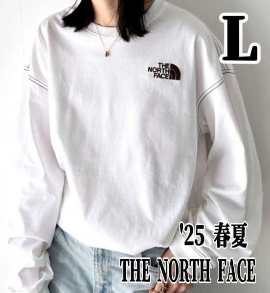 新作 25年 春夏 THENORTHFACE ノースフェイス L ロゴ刺繍 ロンT 春夏 薄手 白 Tシャツ メンズ レディース オーバーサイズ ホワイトレーベル