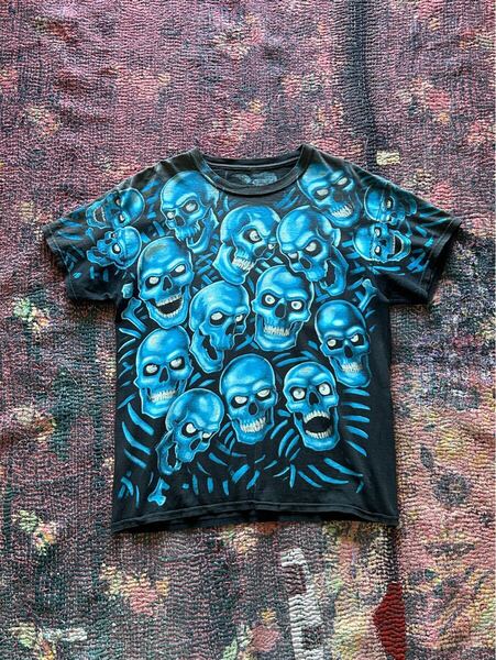 SKULL PILE BLUE BLACK TEE リキッドブルー スカルパイル Tシャツ L フェードブラック ボロ 古着