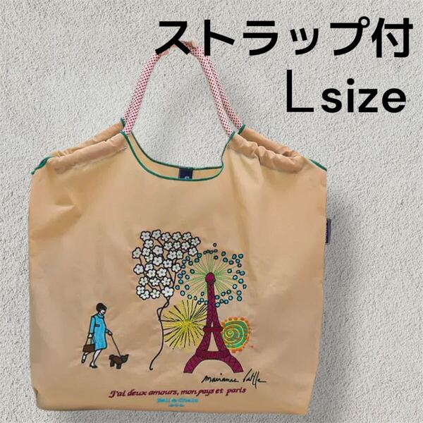 ピンクベージュ系パリジェンヌ&エッフェル塔 刺繍 エコバッグ ストラップ付【L】 トートバッグ ボールアンドチェーン
