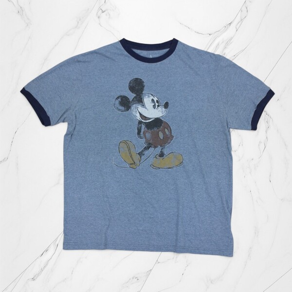 古着 DISNEY T-SHIRTS MICKEY MOUSE BLUE ディズニー Tシャツ ミッキーマウス リブT 【Vintage】