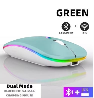ブルートゥース+無線(2.4G)アダプター付き薄型静音ワイヤレスマウス グリーン