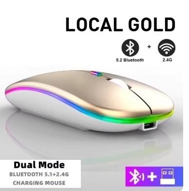 ブルートゥース+無線(2.4G)アダプター付き薄型静音ワイヤレスマウス ゴールド