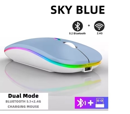 ブルートゥース+無線(2.4G)アダプター付き薄型静音ワイヤレスマウス スカイブルー