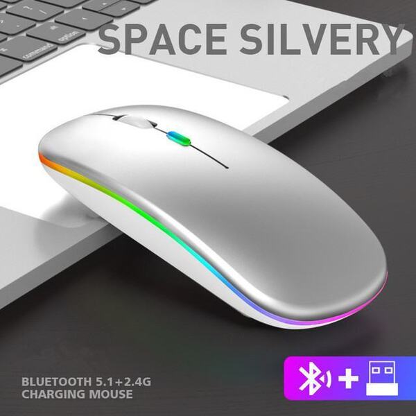 ブルートゥース+無線(2.4G)アダプター付き薄型静音ワイヤレスマウス シルバー