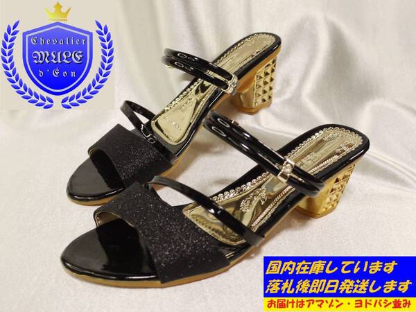 ★サイズ25.5cm(41)★メタリックラインミュール(サンダル)/ヒール高6.5cm(ミドルヒール)◆カラー:ブラック◆ K34-B-41