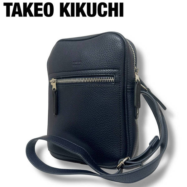 未使用 極美品 TAKEO KIKUCHI タケオキクチ ショルダーバッグ サコッシュ レザー シボ革 紺 ネイビー スクエア メンズ レディース