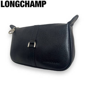 極美品 LONGCHAMP ロンシャン ミニポーチ アクセサリーポーチ クラッチバッグ レザー シボ革 黒 ブラック シルバー金具 メンズ レディース