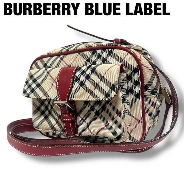 BURBERRY BLUE LABEL バーバリーブルーレーベル ショルダーバッグ カメラバッグ キャンバス レザー ベージュ 赤 レッド ノバチェック