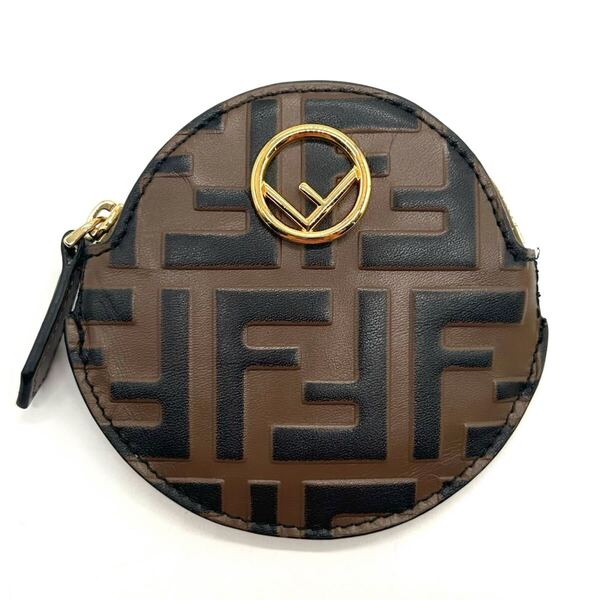 FENDI フェンディ ズッカ 美品 コインケース チャーム 小銭入れ レザー ロゴ 8M0444 財布 レディース メンズ ユニセックス ラウンド