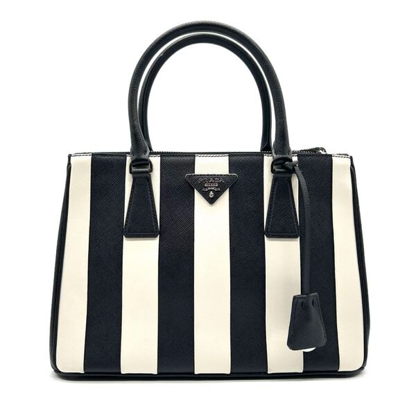PRADA プラダ サフィアーノ ガレリア ハンドバッグ ストライプ ブラック ホワイト 1BA863 三角プレート ロゴ レザー 黒 白