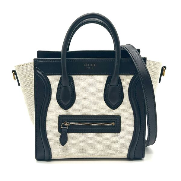 CELINE セリーヌ 美品 ラゲージ ナノショッパー 2way ショルダーバッグ ハンドバッグ キャンバス レザー ベージュ ブラック ナノ