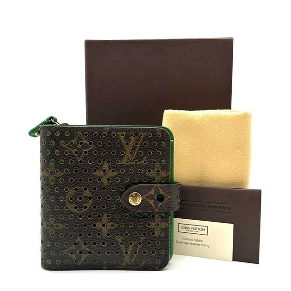 LOUIS VUITTON ルイヴィトン モノグラム ペルフォ コンパクトジップ 二つ折り 財布 M95218 MI0036 美品 グリーン パンチング