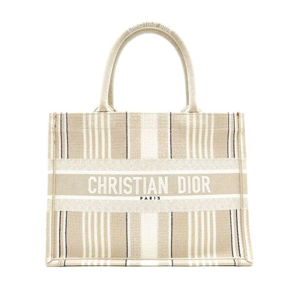 DIOR ディオール ブックトート ミディアム ストライプ トートバッグ トート ベージュ ホワイト ロゴ エンブロイダリー レディース