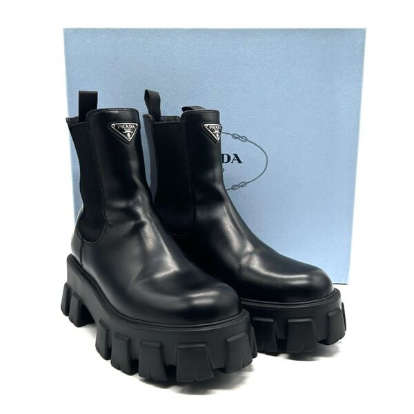 PRADA プラダ モノリス スプラッシュド レザー ブーツ レディース チェルシー ブラック ブーツ トライアングル ロゴ 37.5 24.5cm