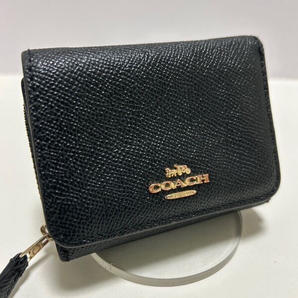 ◆COACH コーチ コンパクト 三つ折り財布 F37968 黒◆ グレインレザー ラウンドジップ 小銭入れ ロゴ金具 【送料無料】0505