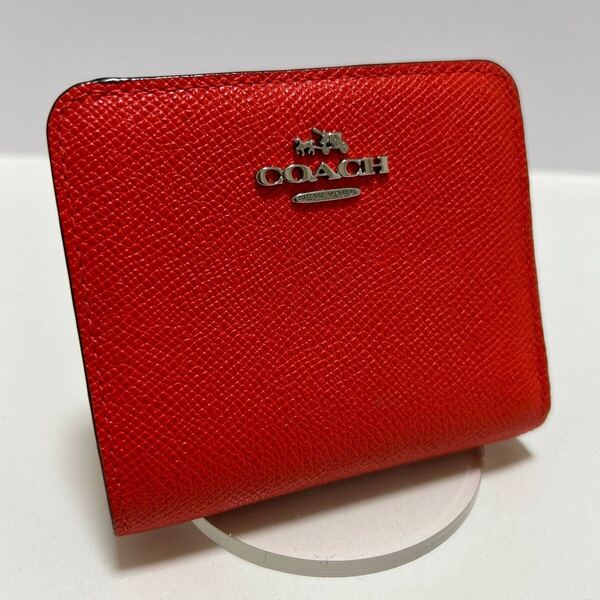 ☆良品☆ ◆COACH コーチ コンパクト 折り財布 52339 オレンジ◆ クロスグレインレザー 小銭入れ有 ロゴ金具 橙 【送料無料】0508