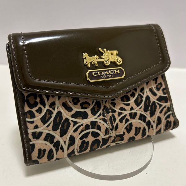 ☆限定モデル-良品☆ ◆COACH コーチ 三つ折り財布 オプアート×ヒョウ柄◆ エナメル オセロット ゴールド金具 【送料無料】0513