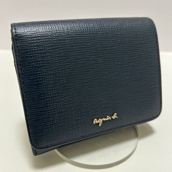 ☆良品☆ ◆agnes b. アニエスベー かぶせ 折り財布 HW11-01 ネイビー◆ 牛革 L字ファスナー ロゴ金具 WEB限定品【送料無料】0522