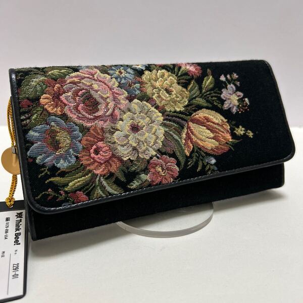 ☆新品-未使用-タグ付き☆ ◆Think Bee! シンクビー かぶせ 長財布 黒 2291-01◆ ゴブラン織り 花柄 大容量 【送料無料】0522