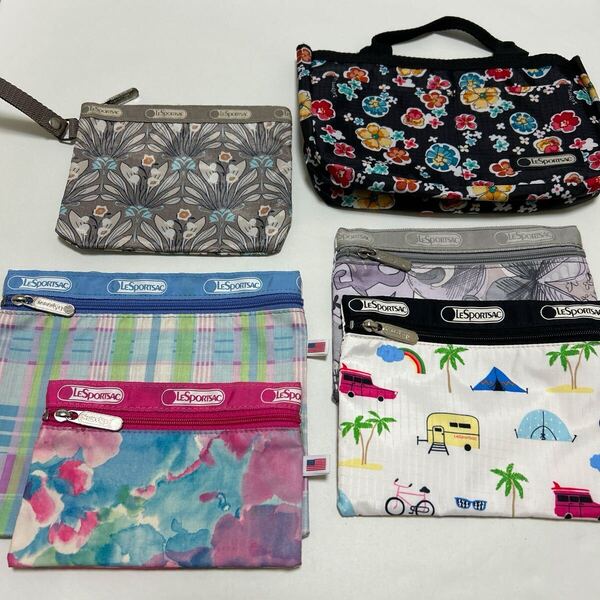 ★LeSportsac レスポートサック 6点セット 花柄ポーチ 多★ ポーチ×5 バッグインバッグ 黒 白 灰 水色 ピンク【送料無料】0526