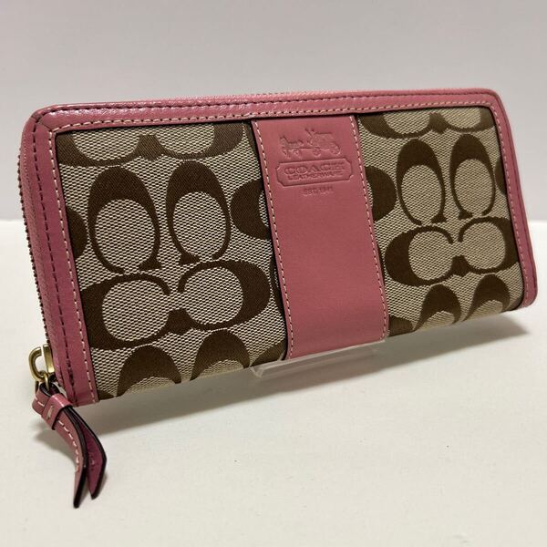 ☆良品☆ ◆COACH コーチ ラウンドジップ 長財布 ピンク×ベージュ系◆ シグネチャー キャンバス×レザー ロゴ刻印【送料無料】0527
