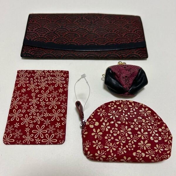 ◆印傳屋 INDEN-YA 4点セット-未使用品あり◆ 青海波柄 長財布 梅柄 小銭入れ 雪割草柄 定期入れ キティ ミニがま口【送料無料】0529