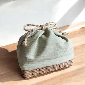 小千谷縮 籠巾着 カゴ巾着 着物リメイク ハンドメイド 黄緑 クラフトバンド リネン