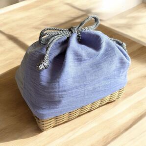 小千谷縮 籠巾着 カゴ巾着 着物リメイク ハンドメイド 青紫 グレー クラフトバンド リネン