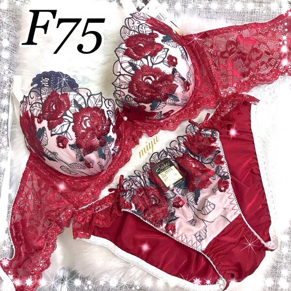 F75L★ロージー刺繍 レッド★ブラジャー&ショーツセット★脇高ブラ ゴージャス レース セクシー 薔薇 Fカップ アンダー75 新品 下着★みゆ