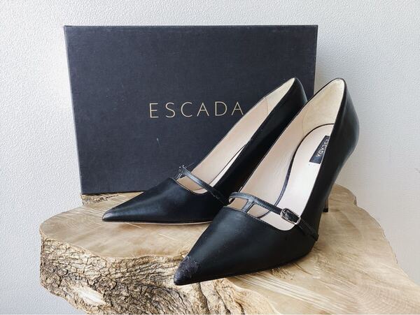 【ESCADA】エスカーダ やぎ革×牛革 レザー ハイヒール パンプス ブラック 黒 38/24cm程度 定価112200円