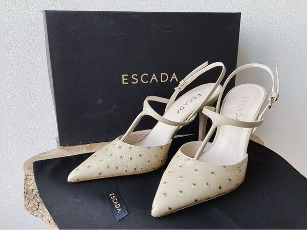 【ESCADA】エスカーダ 牛革×やぎ革 オーストリッチ風 ハイヒール パンプス サンダル ベージュ 38/24cm程度 定価66000円