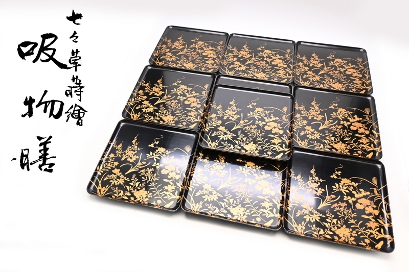天然木製漆塗 時代蒔絵 本蒔画富士名所 図変わり 吸物膳 5客