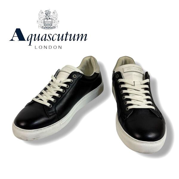 【美品】AQUASCUTUM アクアスキュータム レザー ローカット スニーカー ブラック ホワイト 43 L サイズ 27.5cm相当