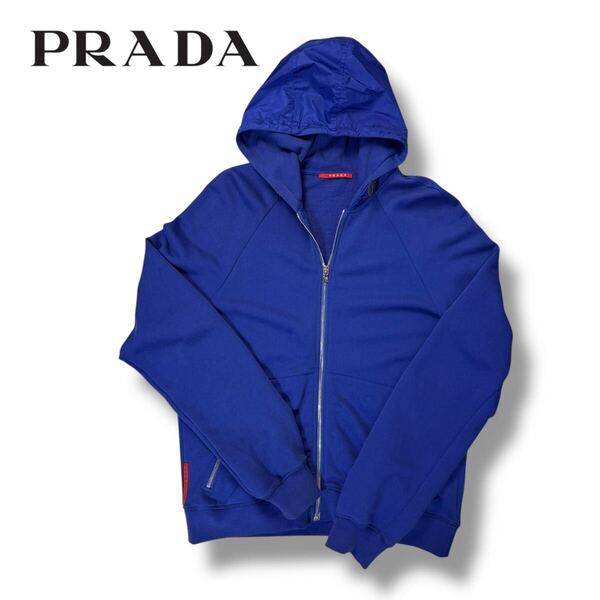 【美品】PRADA プラダ コットン ナイロンフード ジップ アップ パーカー ブルゾン ブルー レッド ロゴ XLサイズ 希少品