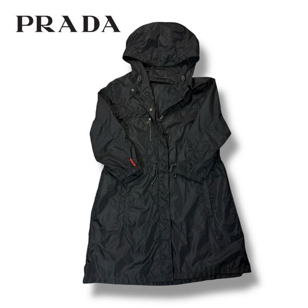 【美品】PRADA プラダ ナイロン ジャケット スプリング コート フード付き ロゴ ネイビー ルーマニア製 38サイズ