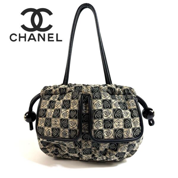 【美品】CHANEL シャネル コットン レザー カメリア 肩掛け トート バッグ ハンドバッグ ココマーク 総柄 ブラック アイボリー イタリア製