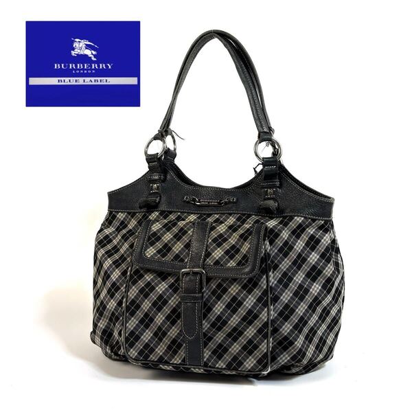 【美品】BURBERRY BLUE LABEL バーバリー ブルーレーベル レザー キャンバス ハンド トート バッグ チェック A4収納可 三陽商会 日本製