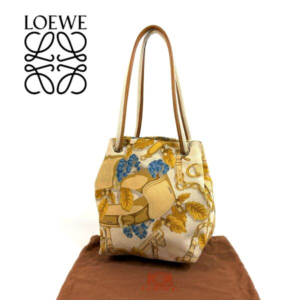 【美品】LOEWE ロエベ キャンバス コットン フルーツ ボタニカル柄 巾着型 ショルダー トート バッグ マルチカラー イタリア製 保存袋付き