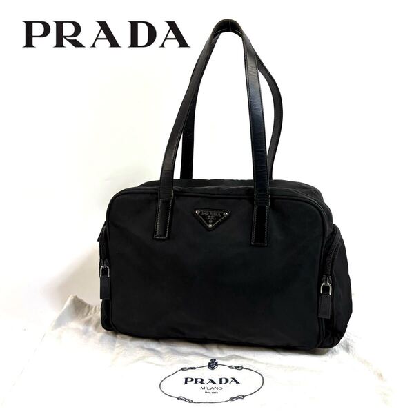 【美品】PRADA プラダ レザー テスート ナイロン 肩掛け ハンドバッグ トートバッグ ミニボストン 三角ロゴ ブラック イタリア製 保存袋付