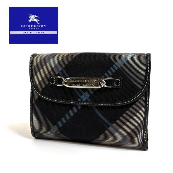 BURBERRY BLUE LABEL バーバリー ブルーレーベル キャンバス レザー チェック 2つ折り 財布 コンパクトウォレット グレー ネイビー