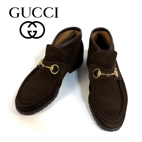 【極美品】GUCCI グッチ スエード レザー ホースビット ローファー ブーツ ラバーソール ブラウン ゴールド金具 37サイズ イタリア製