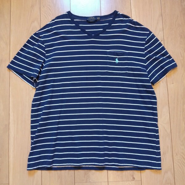 USA古着卸 XLサイズ Polo Ralph Lauren ポロラルフローレン ロゴ刺繍 ボーダー 胸ポケット Tシャツ