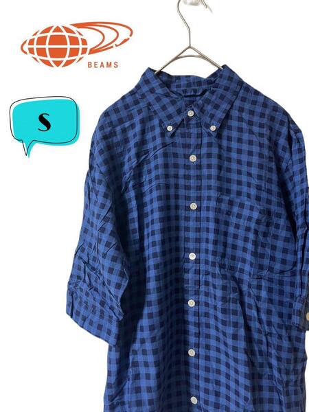 BEAMS ビームス チェック レーヨン混 半袖ボタンダウンシャツ S