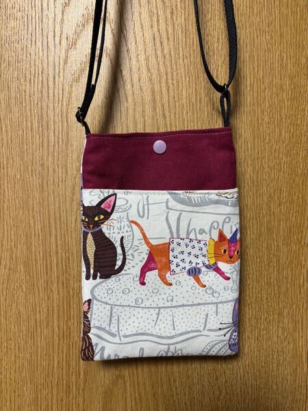 NO.281 ハンドメイド サコッシュ 猫柄 斜め掛け スマホポーチ スマホショルダー ショルダーバッグ ポシェット スマホポシェット