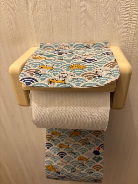 NO.457ハンドメイド トイレットペーパーホルダーカバー 猫柄 青海波