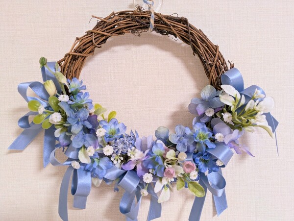 ◇涼しげなブルー系のフラワーリース◇お花で癒しの空間に Flower art 花音
