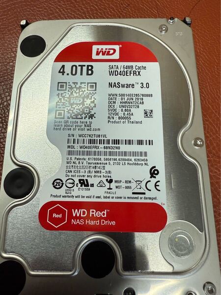 即決、送料無料WD 内蔵HDD Red WD40EFRX 4Tb 動作品