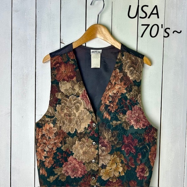 USA古着 70s80s90s USA製 薄手 ダークトーン花柄ベスト ジレ L 春夏 オールド ヴィンテージ アメリカ古着 透かし柄 ●102